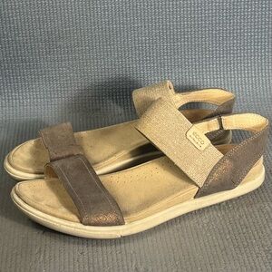 Ecco Damara Gladiator Ankle Sandal Leather Fabric Grey Tan Sparkle Sz 8 US 39 EU